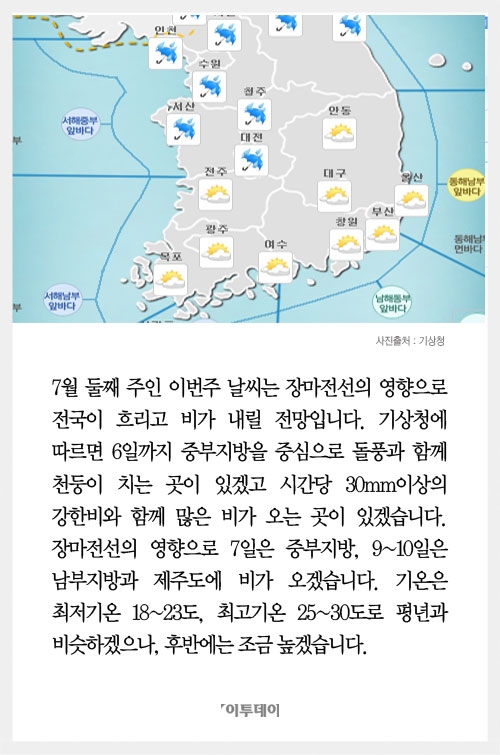 [카드뉴스] 이번주 날씨, 전국 흐리고 비… 최고 기온 25~ 30도