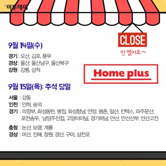 [카드뉴스] 홈플러스·이마트·롯데마트…추석연휴 대형마트 휴무일 총정리