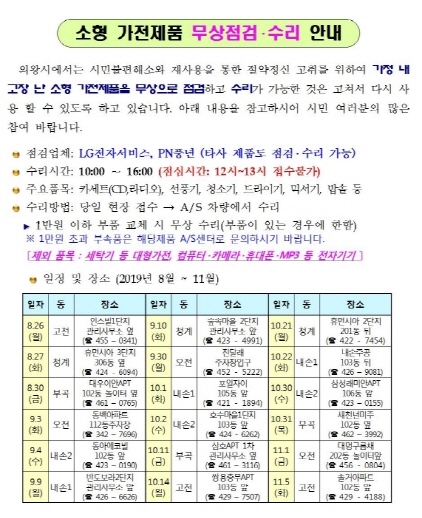 의왕시, 하반기 소형 가전제품 무상점검·수리 운영