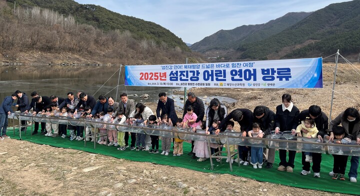 전남해양수산과학원, 섬진강서 어린 연어 40만 마리 방류