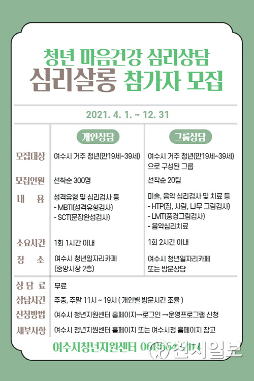 여수시, 청년 맞춤형 심리상담 프로그램 심리살롱 확대 운영