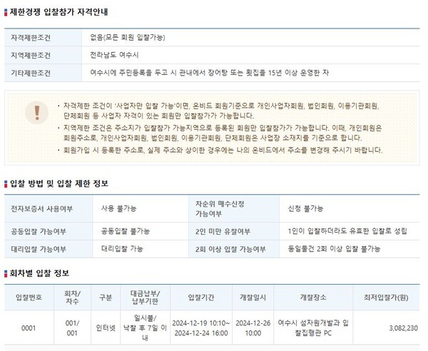 여수시, 국동 장어집 입찰자격제한 15년은 특혜 논란