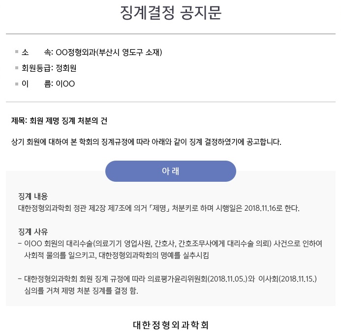 정형외과학회, 부산 소재 대리수술 의사 제명 징계 결정