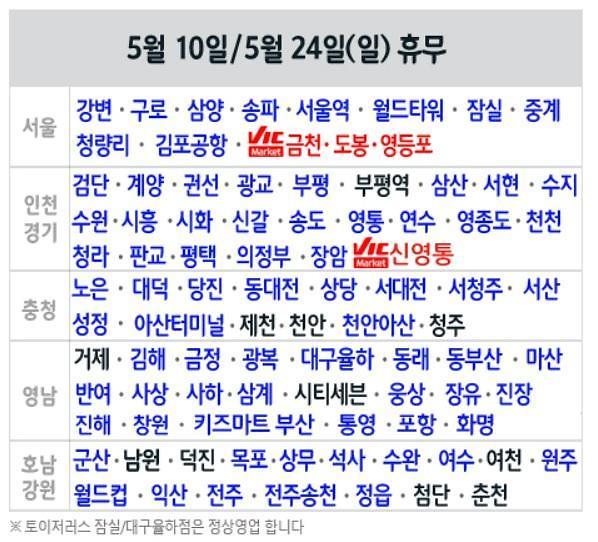 이마트·홈플러스·롯데마트 5월 24일 휴무 매장 많아…주중 휴점 매장은 이날 영업