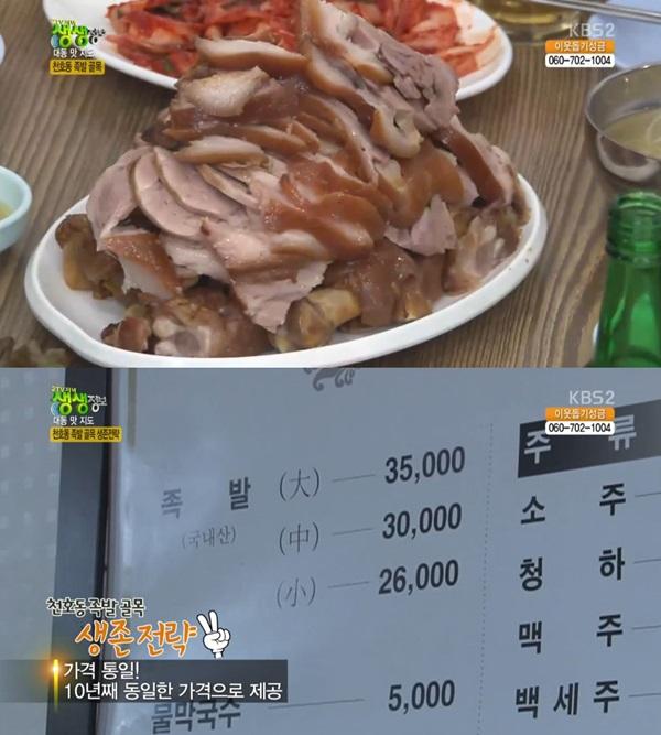 2TV 저녁 생생정보 천호동 족발골목의 족발 탑, 10년 째 가격 동결 대 35000원, 중 30000원, 소 26000원 