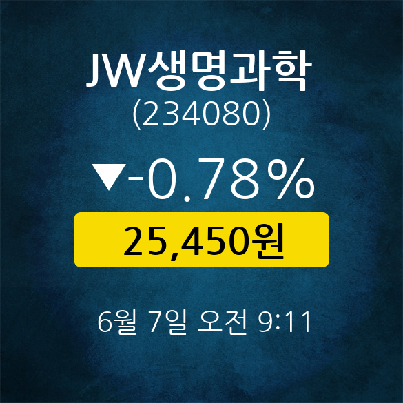 [★주식인사이드] JW생명과학, 주가 25,450원(6월 7일 9시 11분 기준)