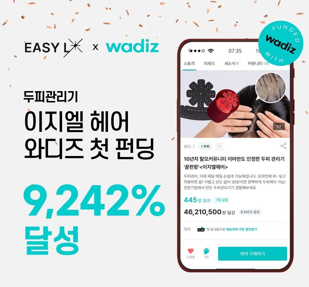 시지바이오, LED 두피관리기 ‘이지엘 헤어’ 와디즈 펀딩서 완판