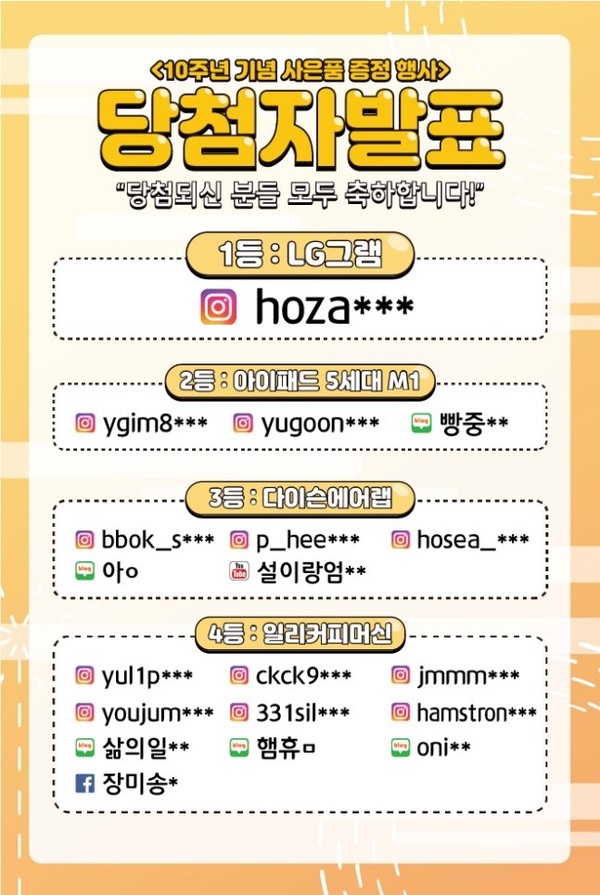 뉴욕버거, 창립 10주년 경품 이벤트 당첨자 발표