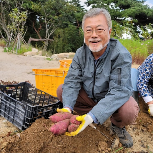 밭일에 진심 문재인 전 대통령, 김정숙 여사와 고구마 수확