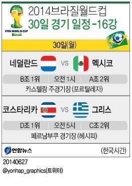 [브라질 월드컵 일정-16강 대진표]30일(월) 네덜란드 vs 멕시코, 코스타리카 vs 그리스