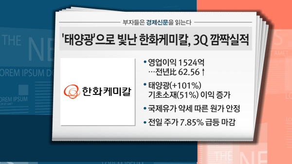 [부자들은 경제신문을 읽는다] 한화케미칼, 3분기 연속 태양광 흑자... 18,800원 돌파 시 대응