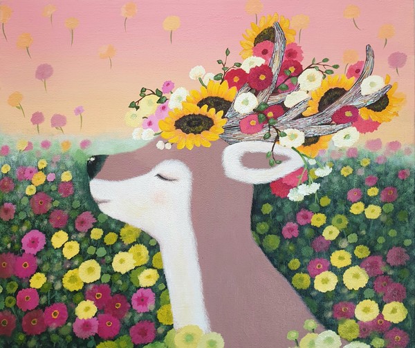 그림판매∙경매.구매 플랫폼 큐알아트 오유빈 작가의 서양화 Deer Flower 소개