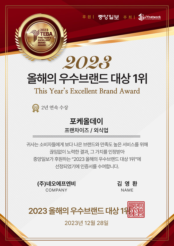 포케올데이, 2023 올해의 우수브랜드 대상 2년 연속 1위 수상