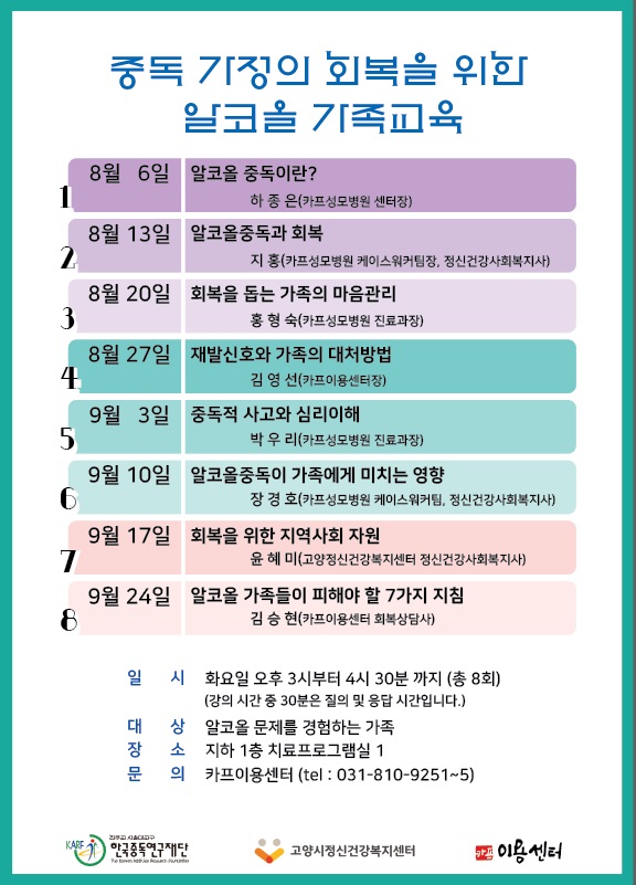 고양시정신건강복지센터, 오는 6일부터 제4차 알코올 가족교육 프로그램 운영