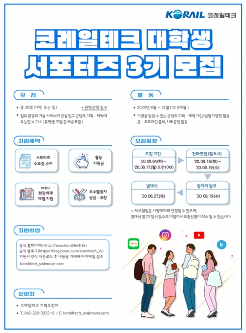 코레일테크, 대학생 서포터즈 3기 모집…20명 선발, 개인·팀 전국 활동 지원