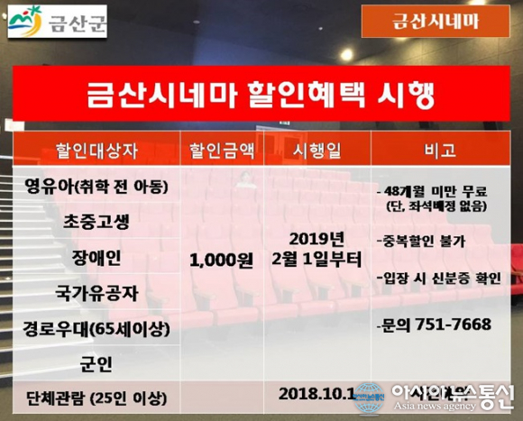 금산시네마, 2월1일 부터 취약계층 관람료 할인