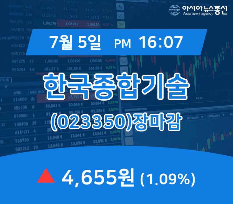 [특징주 매매동향] 한국종합기술 주가 4,655원으로 장 마감