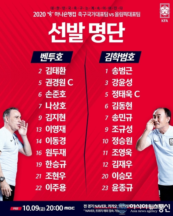 한국 축구 국가 대표팀 vs 올림픽 대표팀, 선발 라인업 공개
