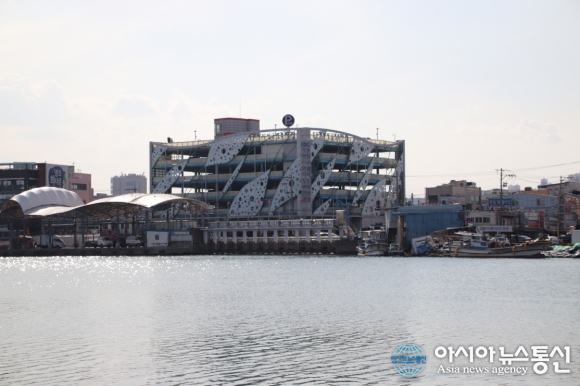 포항 해상공원 광장서 본 포항수협 죽도위판장