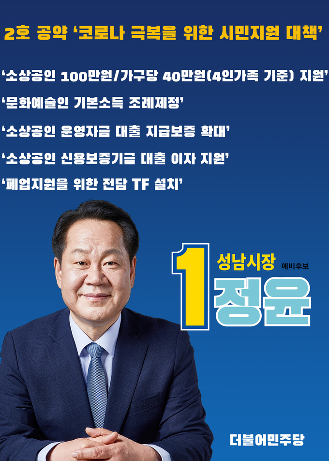 정윤 성남시장 예비후보, 소상공인 100만 원 지원 등 코로나 민생지원 약속