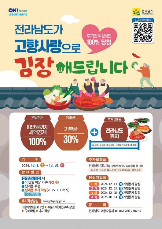 “고향사랑기부 답례품 후기 남기면 ‘전남 김치’ 드려요”