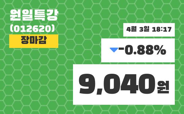 (3일마감주가정보) 원일특강 주가 9040원으로 장 마감
