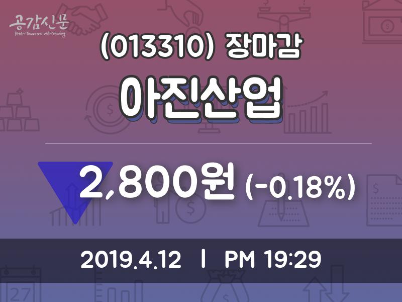 (12일마감증시) 아진산업 주가 2800원으로 장 마감