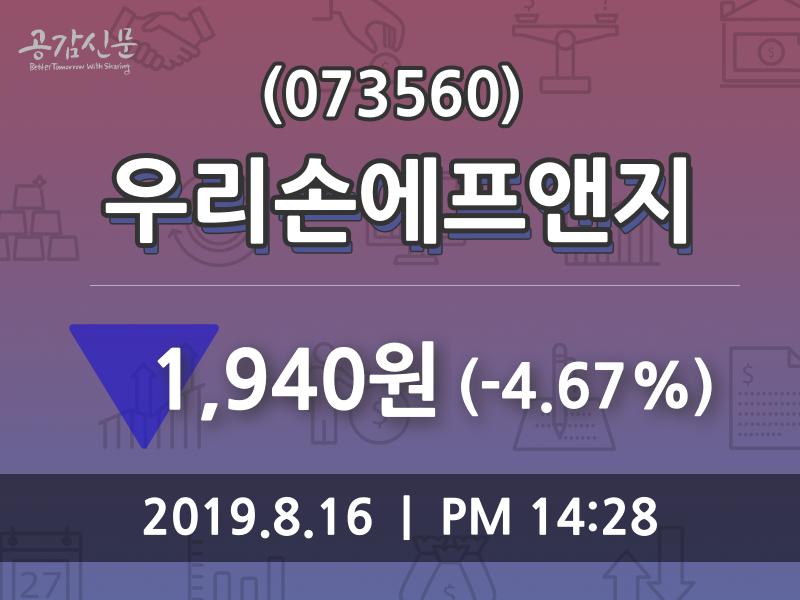 우리손에프앤지 주가및 증권시세  및 주식시황 16일 현재 1940원 거래