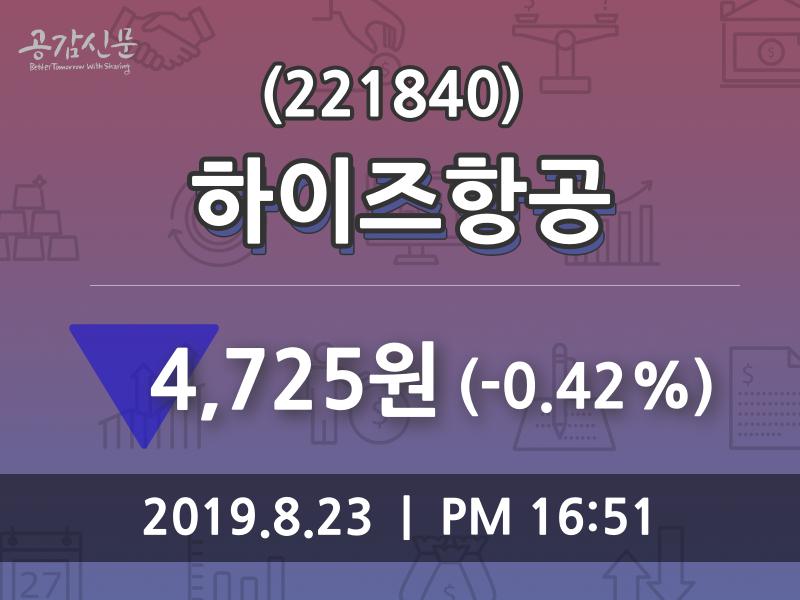 하이즈항공주가(221840) 8월 23일 오늘 가격 4725원, 및 증권시세  외 매매동향.....