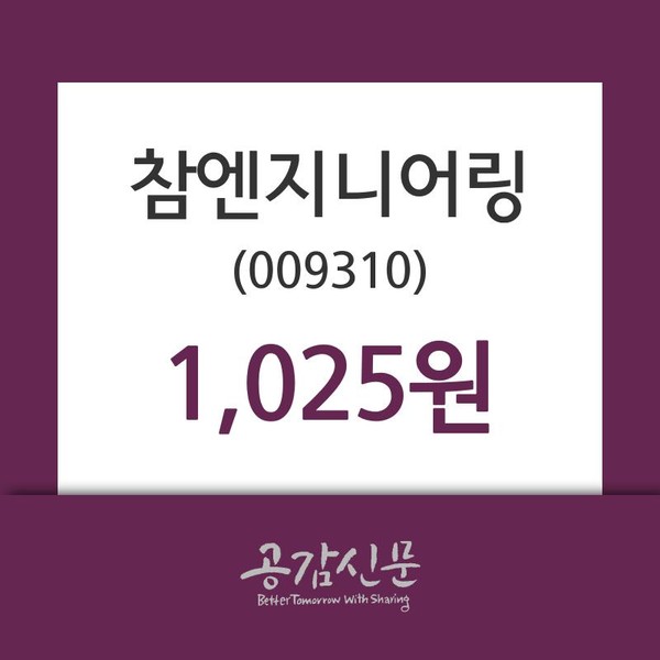 참엔지니어링 주가(009310)증권그래프 14일 오늘거래가 1025원
