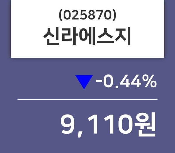 신라에스지 주가(025870)오늘시세 및 증권정보와 종목동정, 12일 오늘 가격 9110원 형성
