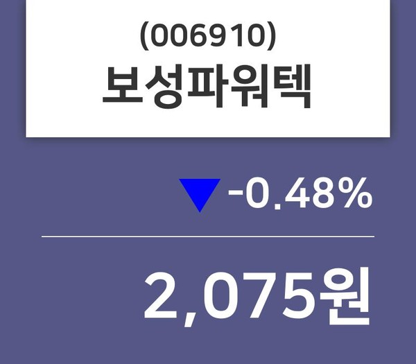 보성파워텍주가, 14일 -0.48%변화…