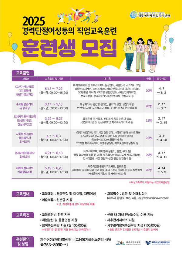 제주여성인력개발센터 여성새로일하기센터, 직업교육훈련 교육생 모집