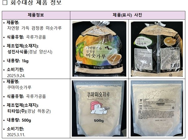 알레르기 유발물질 미표시한 곡류가공품 2개 품목 회수 조치