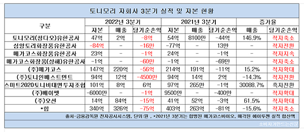 토니모리 자회사 9곳 중 8곳 순손실...최근 5년간 줄곧 적자수렁