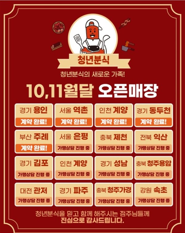 청년분식 7無혜택으로 창업 비용 면제 프로모션 진행