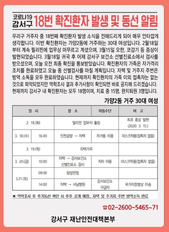 강서구, 가양2동 코로나19 18번째 확진자 일부 동선 공지