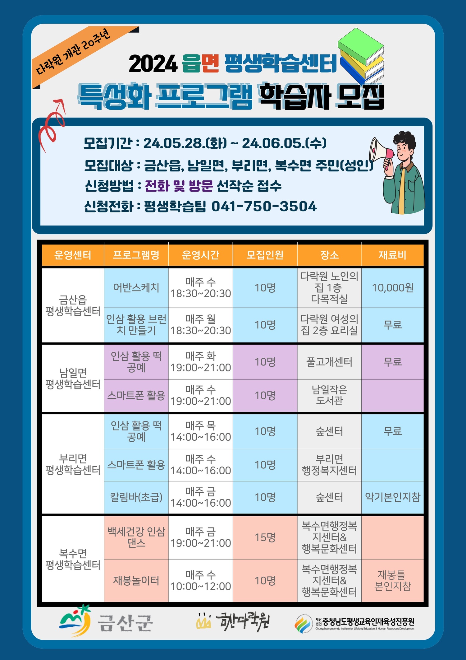 충남 금산군, 읍면평생학습센터 특성화 프로그램 학습자 모집