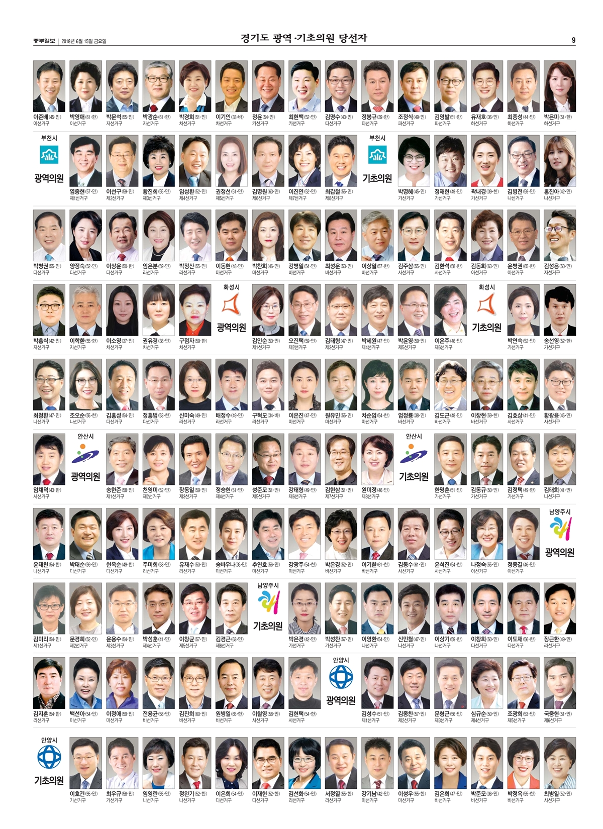 [6·13 지방선거] 경기도 광역·기초의원 당선자 명단