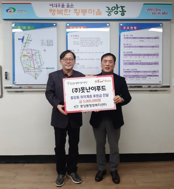 ㈜못난이푸드, 중앙동 취약계층에 후원금 300만원 전달