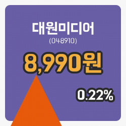 [대원미디어주가] 4일 15시 10분 현재 8,990원