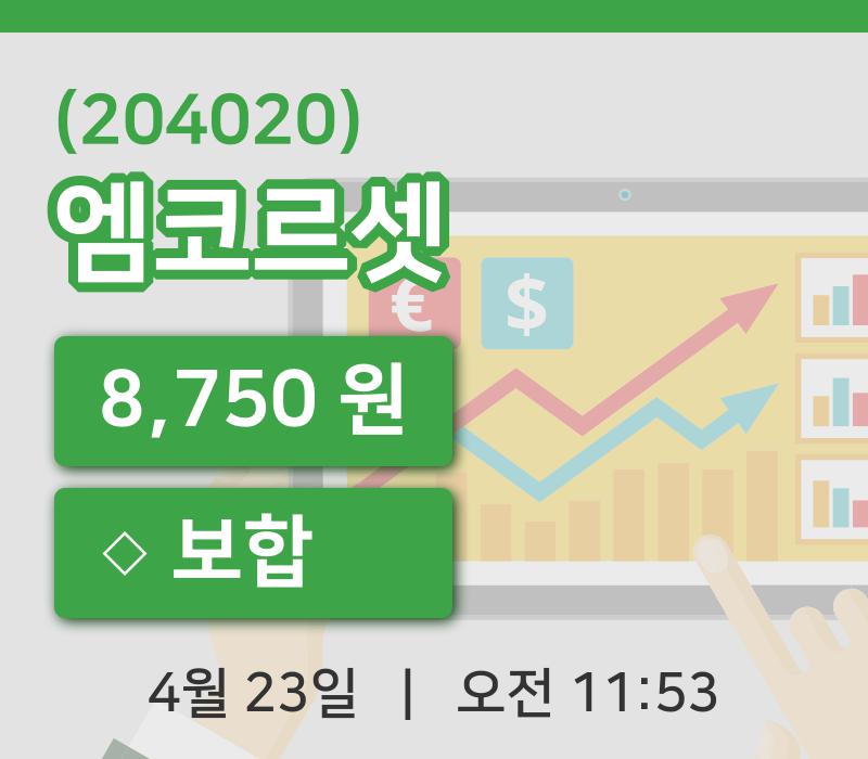 [엠코르셋주가] 23일 이시각 현재  8,750원