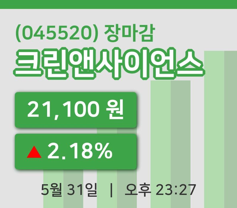 코스닥정리크린앤사이언스 31일 21,100원 마감주식차트종합통계  