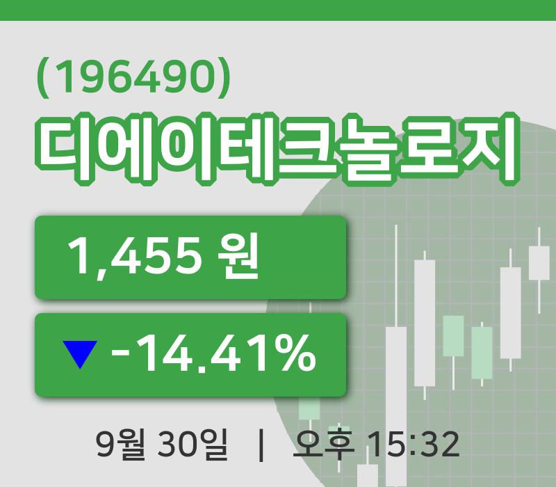 [디에이테크놀로지주가] 30일 15시 32분 현재 1,455원