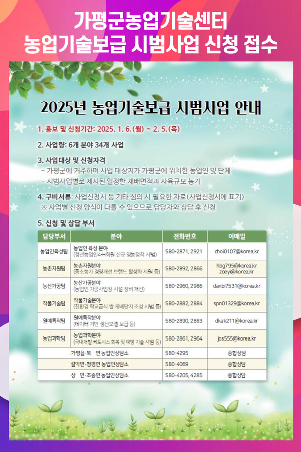[위클리오늘] 가평군, 2025년 농업기술보급 시범사업 신청 접수