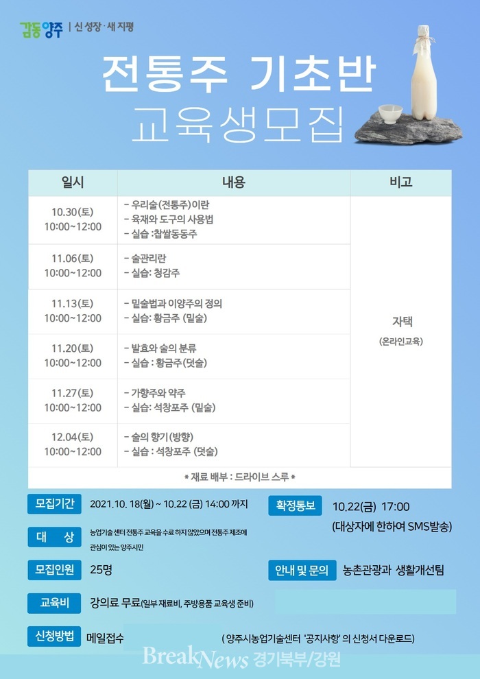 양주시, ‘전통주 기초반 온라인 교육’ 수강생 모집