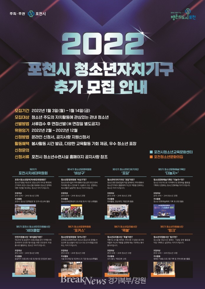 포천시, ‘2022년 청소년자치기구’ 참가 청소년 추가 모집
