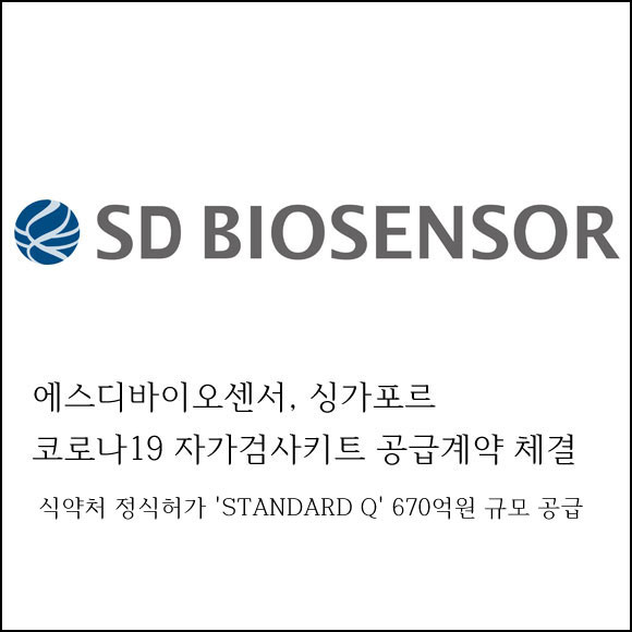 [카드] 에스디바이오센서, 싱가포르 코로나19 자가검사키트 공급계약 체결