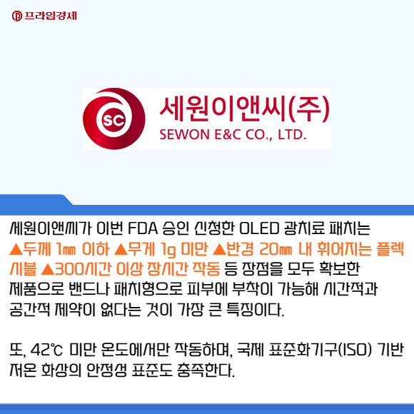 [카드] 세원이앤씨, 신체 부착형 OLED 광치료 패치 美 FDA 승인 신청