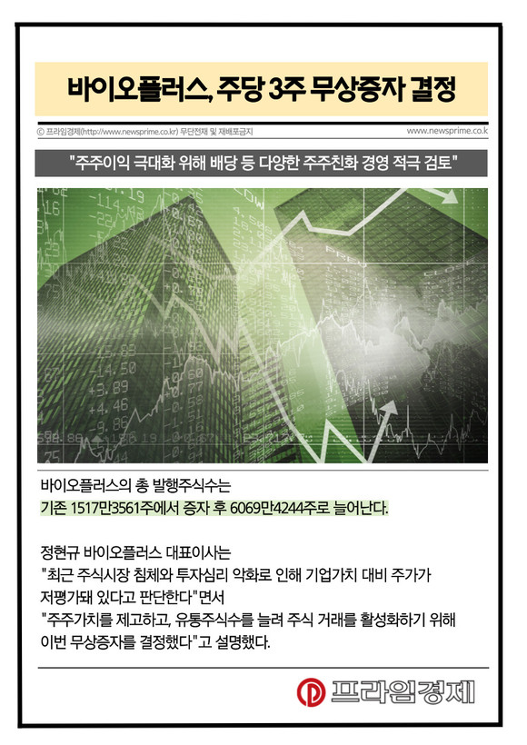 [카드] 바이오플러스, 주당 3주 무상증자 결정
